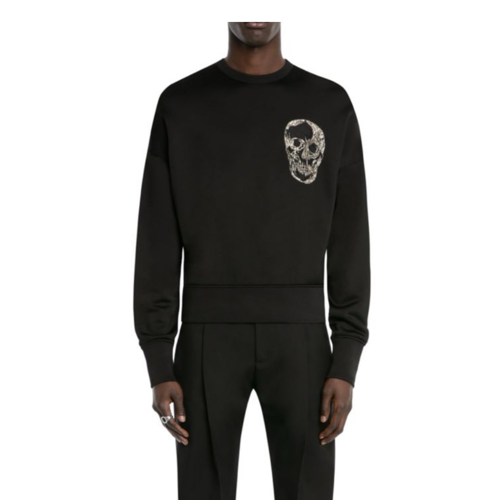 Mcqueen Nwt Black Skull Crewneck Sweatshirt Long Sleeve Crystal Beaded